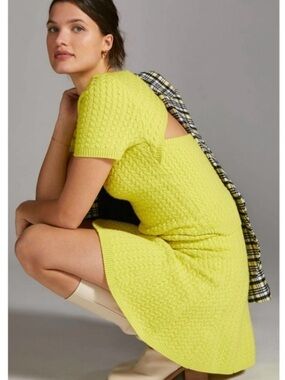 Anthropologie Maeve Yellow Color Block  Short-Sleeve Knit Top& Skirt Set